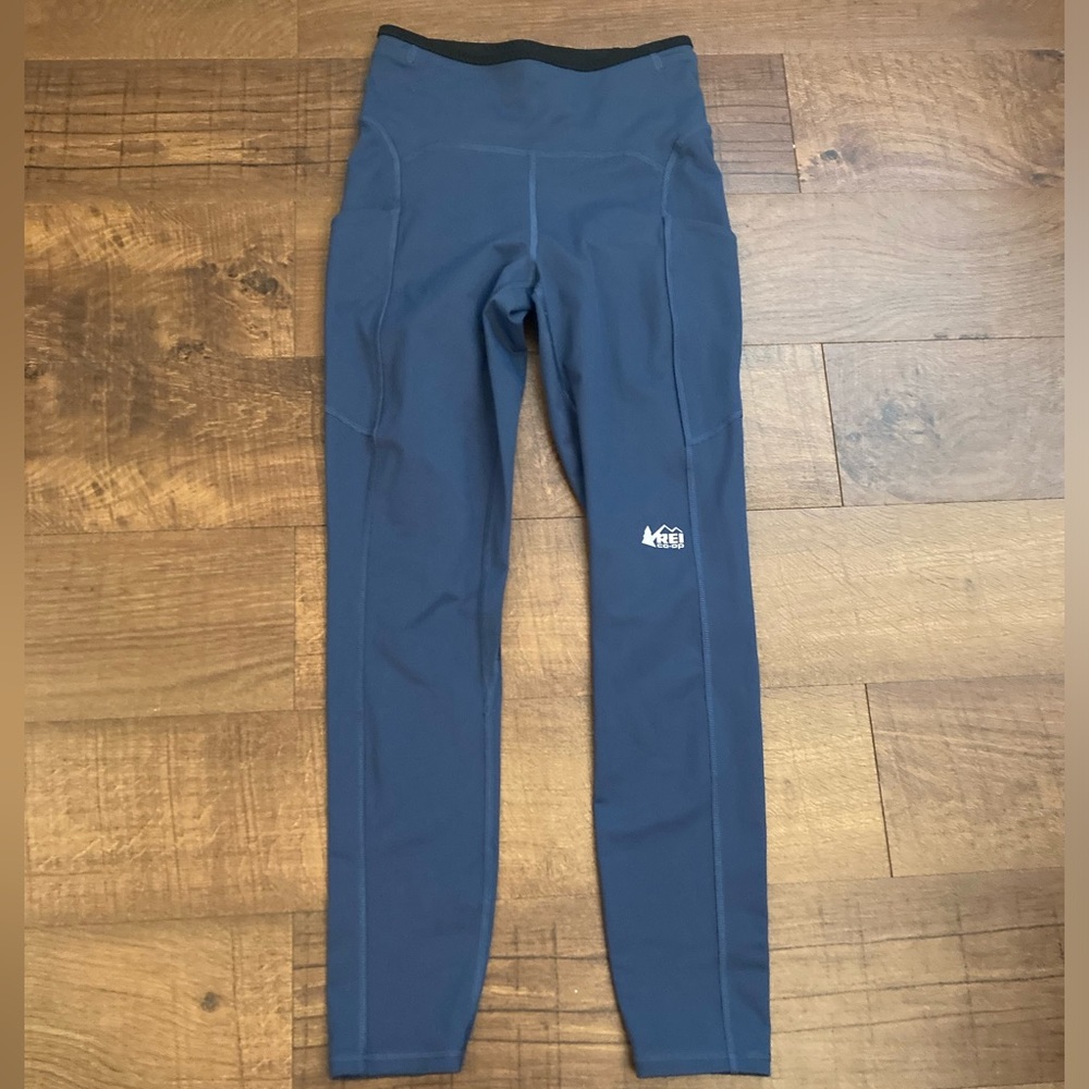 REI CO-OP  Blue Leggings Pockets Drawstring Waist Hiking Running EUC Women’s S